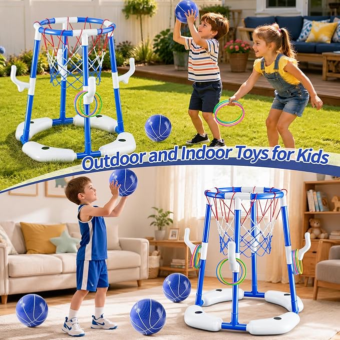 JUKUDAHU Pool Basketball Hoop, Boy Pool Toys for Kids Ages 4-8, 2-in-1 Floating Pool Ring Game with 4 Balls and Pump, Outdoor Swimming Water Play Toy, Summer Water Toys for Kids Adults Age 3-12