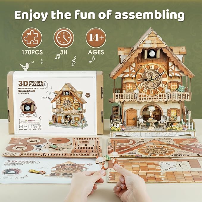 DIY Cuckoo Clock 3D Wooden Puzzle for Adults- German Pastoral Cottage Model Kit with Real Bird Call, 170PCS Miniature Dollhouse Wall Clock Home Decor, Unique Father's Day & Graduation Gifts