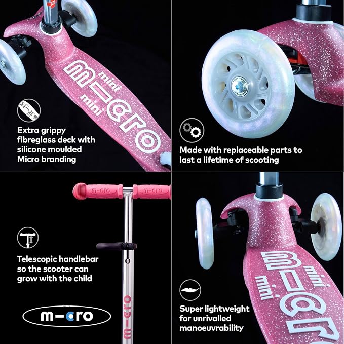 Micro Kickboard | Mini Deluxe Glitter LED Kids Scooter for Ages 2–5 | Children up to 110 lbs | 3 Wheel Lean-to-Steer Design | Adjustable T Bar | Motion-Activated PU LED Wheels | Swiss Design