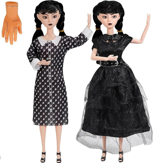 2Pc Fashion Dolls with Accessories, 11.5 inch Girls Doll, Black Hair, Dots and Black Dress
