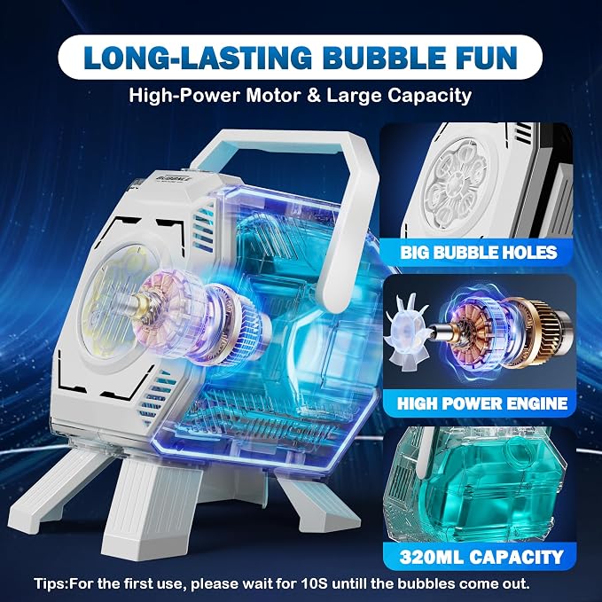 Belemar Bubble Machine for Kids with Lights, 6 Big Bubble Holes, Up to 15,000 Bubbles/Min, 320ml Large Tank, Battery Operated Portable Bubble Blower for Toddlers, Birthday Parties & Outdoor Fun
