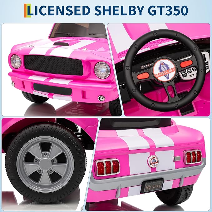 Garvee Ride on Licensed Shelby GT350, 12V Ride on Toys for Toddlers with Remote Control, Licensed Ford Shelby Kids Electric Vehicle with Safety Belt, 2 Speeds, Headlight, Upgraded Panel, Pink