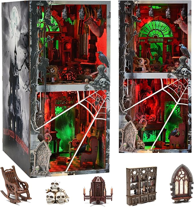 fifijoy Haunted House Halloween Book Nook Kit, Spooky Shelf Insert Bookshelf Diorama Horror Art Miniature Decor, Creepy Scary Wooden Puzzle Booknook (Haunted Mansion)