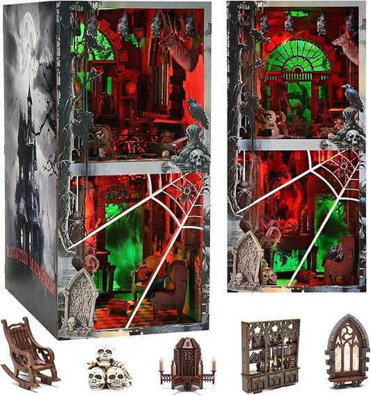 fifijoy Haunted House Halloween Book Nook Kit, Spooky Shelf Insert Bookshelf Diorama Horror Art Miniature Decor, Creepy Scary Wooden Puzzle Booknook (Haunted Mansion)