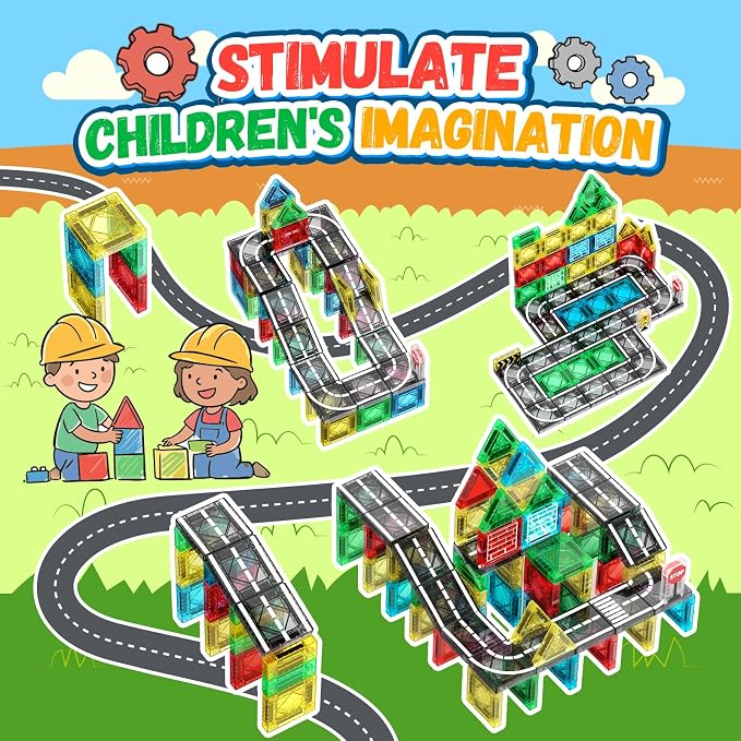 Magnetic Tiles - Road Set, City Race Track Travel Building Blocks with 2 Cars & Metal Box, Mini Magnet Tiles Outdoor Construction Toys for Boys, STEM Sensory Gifts for Toddlers 3-5 4-8 Years Old