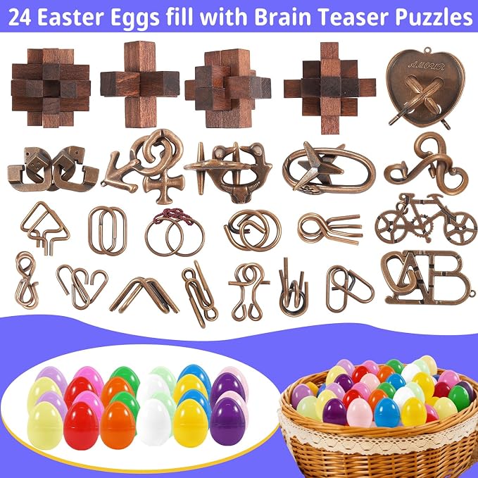 24 Pcs Brain Teaser Puzzles for Adults and Teens - Metal Puzzles 3D Puzzle Game Toys for Adults Teens - Wooden Unlock Interlocking Puzzle Adult IQ Education Smart Toys