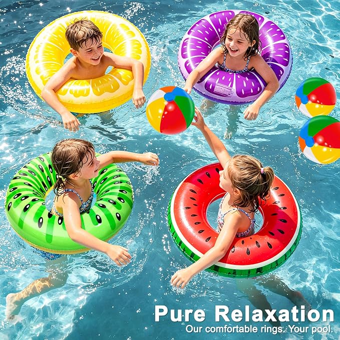 8 Pack Inflatable Pool Floats, Pool Toys for Swimming Pool Party Kids Adults 4 Pcs Fruit Swim Tube Rings & 4 Pcs Beach Balls Pool Floaties Summer Lake Hawaiian Beach Luau Party Decorations Water Fun