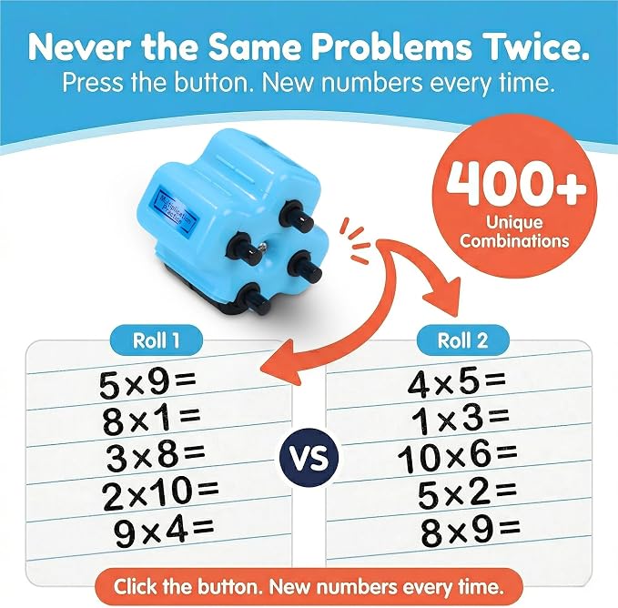 Math Teacher 4-in-1 Math Roller Stamp for Kids – Addition, Subtraction, Multiplication & Fill-in-the-Blank Practice Tool for Teachers, Classroom Activities, Homeschool & Daily Math Worksheets (Green)