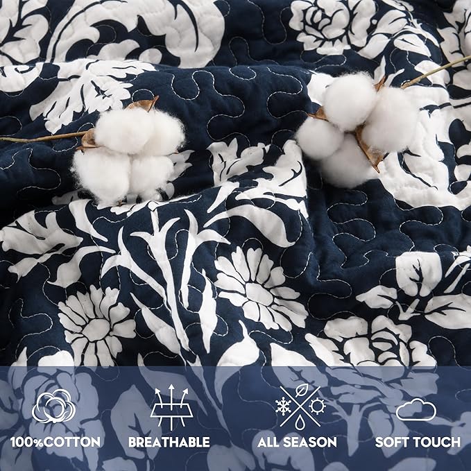 Quilt Queen Size, 100% Cotton Navy Blue Quilt Set Lightweight Quilted Bedspread, Navy Blue White Floral Pattern Farmhouse Reversible Queen Quilt Bedding Set for All Season,3-Piece