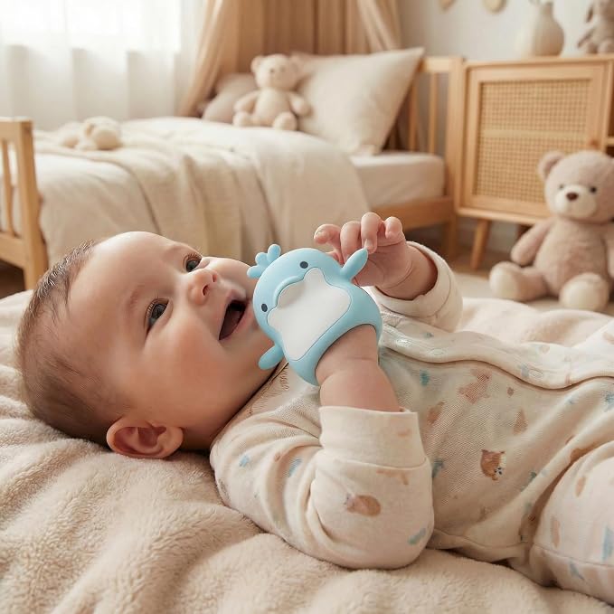 Baby Teething Toys for 3-6 Months Silicone Teething Mittens for Babies Food Grade Silicone Teether (Dolphin+Blue Penguin)