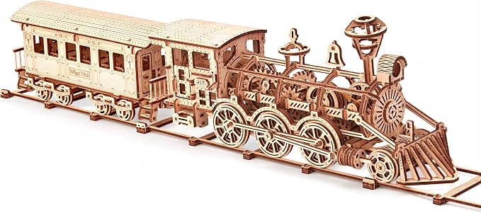 Wood Trick Wooden Toy Train Set with Railway - 34x7″ - Locomotive Train Toy Mechanical Model Kit - 3D Wooden Puzzles for Adults to Build - Engineering DIY Models for Adults to Build