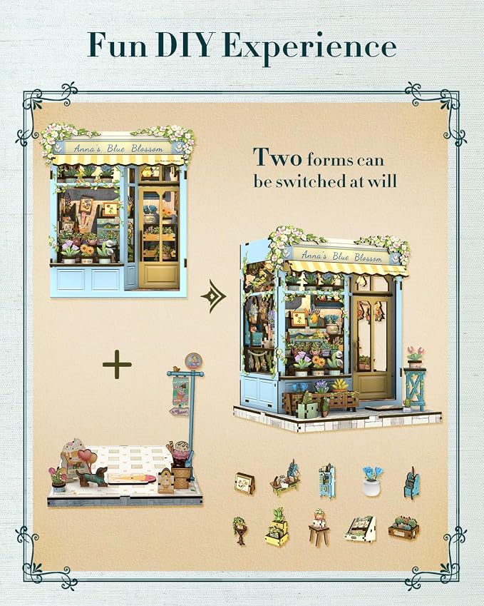 Cutefun Book Nook Kit - DIY Miniature Flower Shop Dollhouse Kit for Adults and Teens, 3D Wooden Puzzle Bookshelf Insert Decor with LED Light, Gifts for Book Lovers and Beginners (Anna's Blue Blossom)