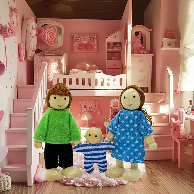 HYSTYLE 7 Pack Wooden Dollhouse Family Dolls Pretend Play Figures, Family Role Play Pretend Play People Figures