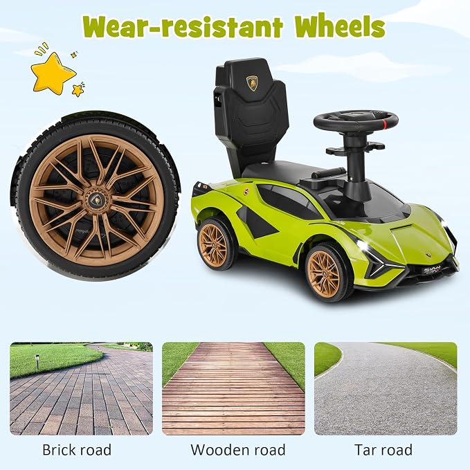 INFANS 3 in 1 Ride on Push Car, Licensed Lamborghini Baby Stroller Sliding Walking Car with Push Handle, Music, USB, Headlight, Under Seat Storage, Kids Foot-to-Floor Toy for 18-60 Months (Green)