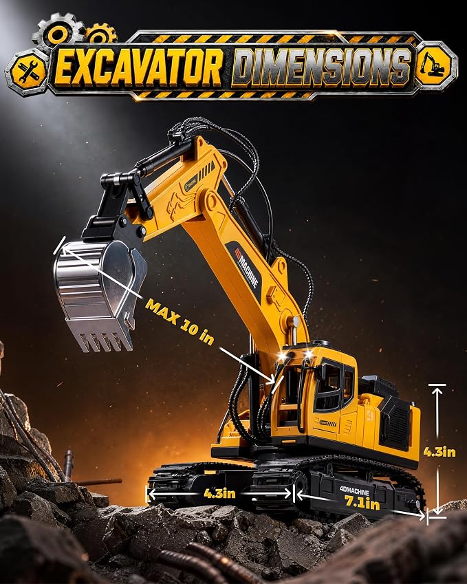 Remote Control Excavator Toy for Boys, 1:18 14-Channel RC Excavator with 3 Attachments, 2×1200mAh Batteries, Construction Toy for Sandbox Outdoor Play, Birthday Gift for Kids
