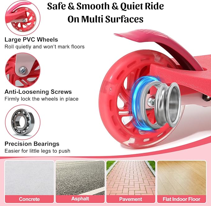 Kick Scooter for Kids 4-8, 2 Light Up Wheels, Heavy Duty Scooter with 3 Height Adjustable Handlebars, Rear Break, Widen Anti-Slip Deck, Max Load 110 Lbs for Boys Girls Ages 3+, 4.7Lbs