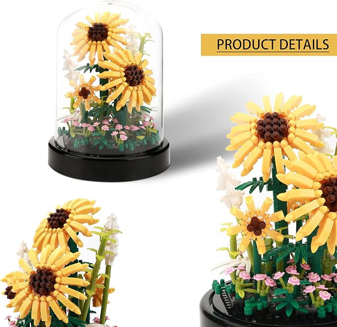 Sunflower DIY Building Blocks Kit - 545 PCS Botanical Flower Bouquet Micro Bricks for Adults and Ages 14+, Creative STEM Gift, Home & Office Decor with Dust Cover