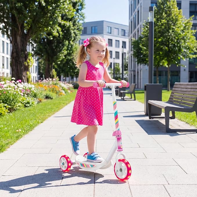 GYMAX Kick Scooter for Kids 2+, 3 Light-up Wheels Toddler Scooter with Wide Anti-Slip Deck & Hand Grip, Heavy Duty Stable Lightweight Ride On Scooters for Boys Girls