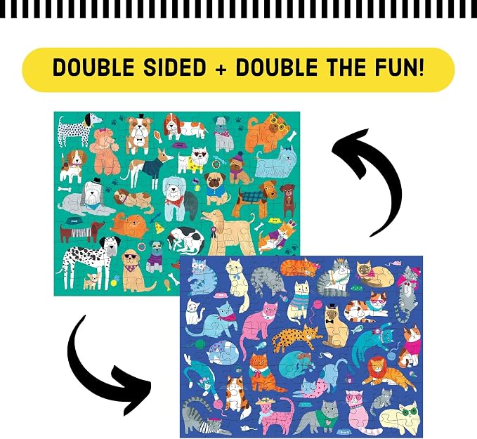 Mudpuppy Cats and Dogs Double-Sided Puzzle, 100 Pieces, 22”x16.5” – Perfect Family Puzzle for Ages 6+ - Colorful Illustrations of Dogs on One Side and Cats on the Other – Two Fun Puzzles in One Box