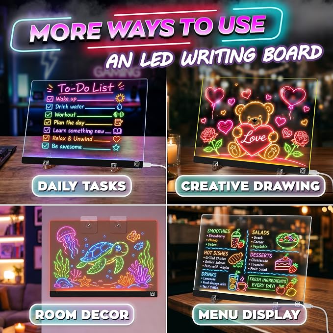 LED Drawing Board with USB-C Power – 16 Inch Acrylic Light Board for Tracing with Edge-Lit Color-Changing Glow, 7 LED Colors, 6 Light Modes – Plug-and-Play Kit with Markers, Stands, Gift Box (Black)