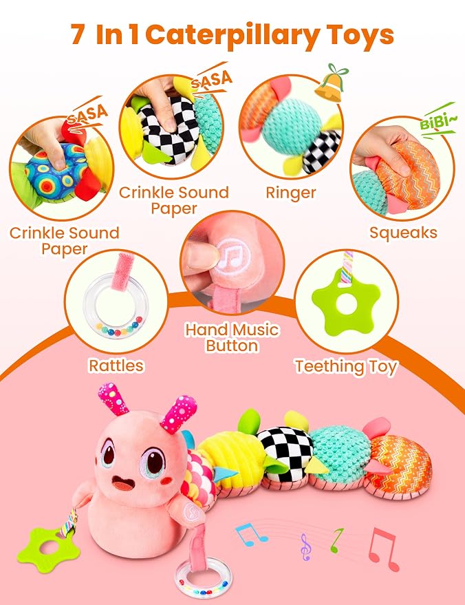 GoGonova Musical Caterpillar Baby Sensory Toy for Infant Development 0-12 Months – Newborn Bath, Car Seat, Stroller & Bassinet Activity Toy & Gift – Tummy Time Crawler & Teether(Pink)
