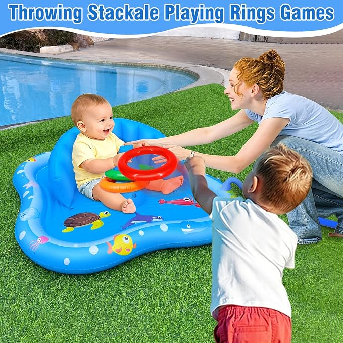 iGeeKid Baby Play Mat with Sprinkler, Inflatable Baby Pool Float with Canopy Backrest & Stackable Rings Water Sprinkler for Kids, Outdoor Water Play Toys for Toddlers Backyard Swimming Water Games