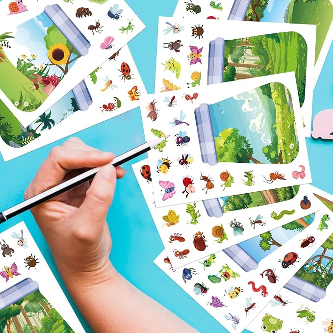 24 Sheets Insect & Bugs Jar Scene Stickers, Make Your Own Bug Jar Sticker with Bee/Butterfly/Ladybug, 8 Designs DIY Nature Scene, Spring Summer Craft, School Classroom Party Decoration