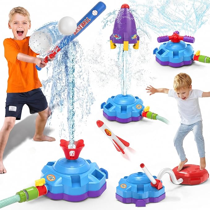 4 in 1 Kids Water Sprinkler Toys for Outdoor Play – Splash Baseball Sprinkler Tball, Foot Pump Rocket Launcher, Rotating & Water Rocket Sprinkler – Summer Backyard Water Toys for Ages 3-8