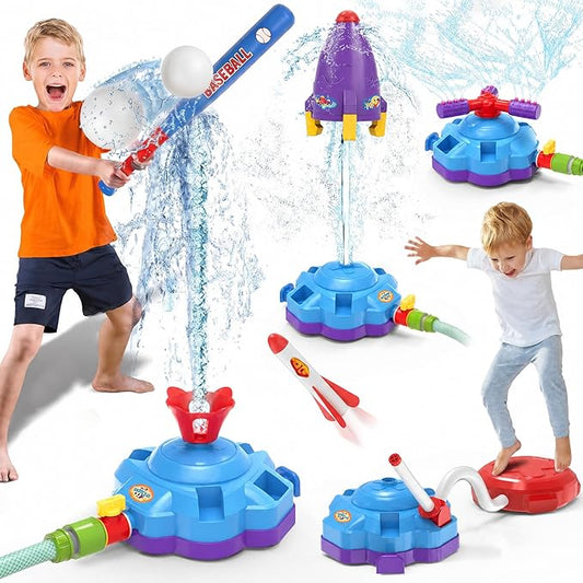 4 in 1 Kids Water Sprinkler Toys for Outdoor Play – Splash Baseball Sprinkler Tball, Foot Pump Rocket Launcher, Rotating & Water Rocket Sprinkler – Summer Backyard Water Toys for Ages 3-8