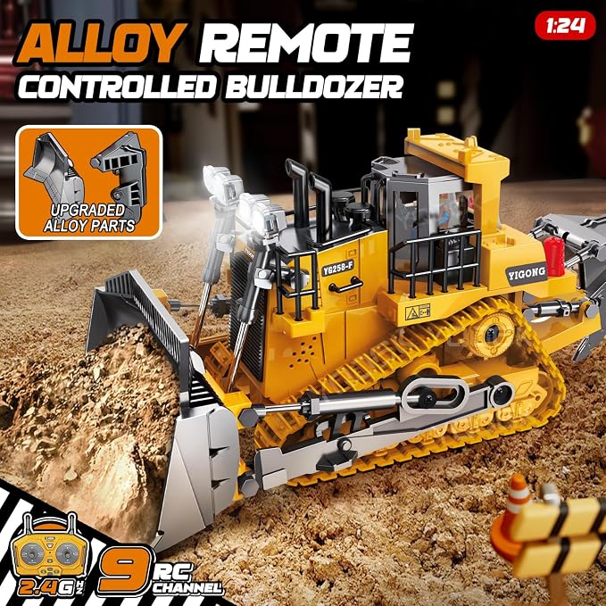 RC Bulldozer Toy for Kids,1:24 Scale 9-Channel Remote Control Track-Type Dozer with Light& Sounds,2 Rechargeable Batteries Dozer Construction Vehicle Toy for Boys Gift
