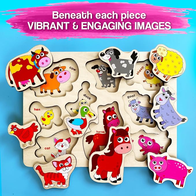 QUOKKA Farm Animals Wooden Puzzles for Toddlers 3-5 - Toddler Puzzles 1-3 Years Old - Gift Domestic Animals Educational Toys for Boys & Girls - Wood Games for Children's Learning 2-4