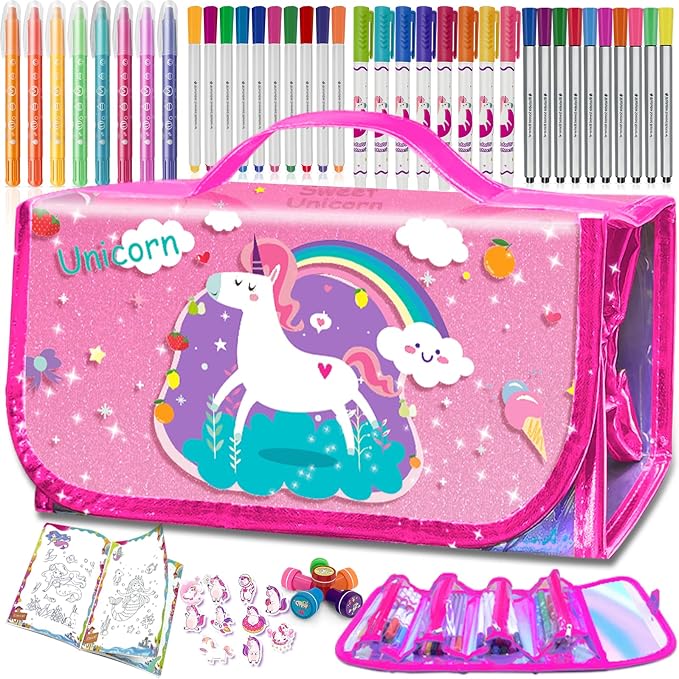 weirtoya 56 PCS Washable Scented Markers with Glitter Pencil Case, Mermaid Unicorn Arts and Crafts for kids 4-6-8 Kids Coloring Drawing Kits for 4-8 Years Old Girls (Pink, 56)