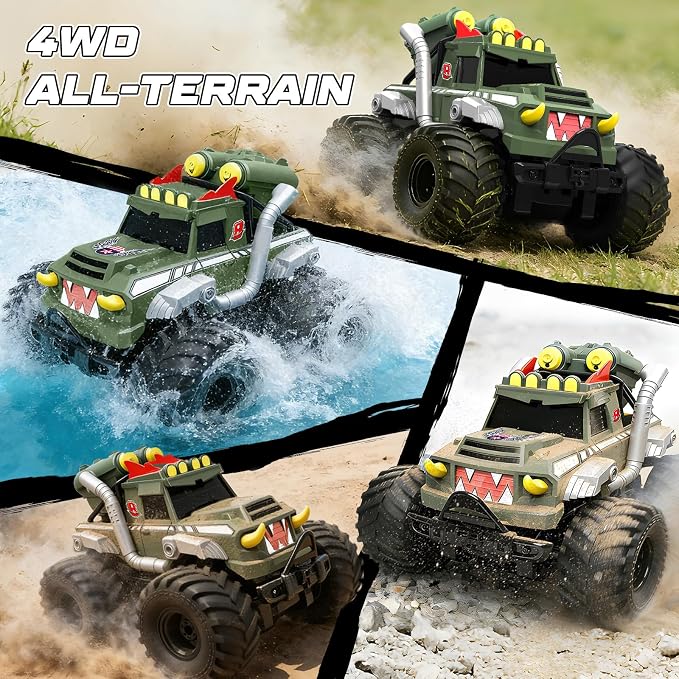 Remote Control Car, Amphibious Monster Trucks for Boys Age 4-7, 1:18 4WD All Terrain Waterproof Monster Truck Toys, 2.4GHz RC Boat W/2 Batteries, Birthday Gift for Kids Ages 6-12 Years Old