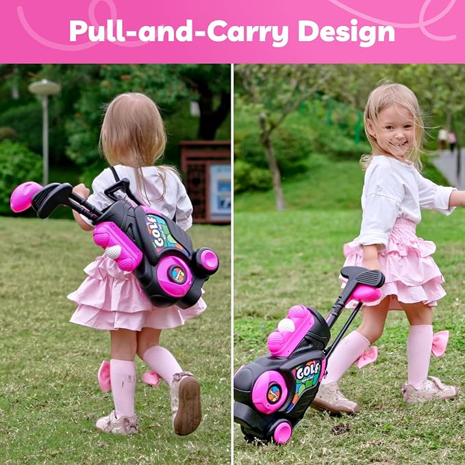 Liberry Toddler Golf Set for Girls Boys 2 3 4 Years Old, Upgraded Kids Golf Cart with Shoulder Strap Design, Outdoor Indoor Sports Toys Birthday Gifts, Black & Pink