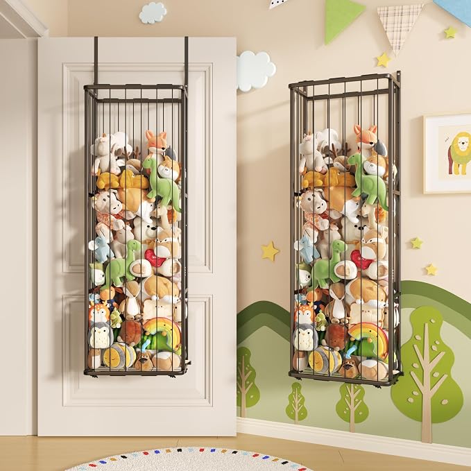 SWTYMIKI Hanging Stuffed Animal Storage - Over Door Large Plush Toy Organizer, Wall Mounted or Corner Stuffie Storage for Nursery, Doll & Bear Plush Organizer for Kid Room Bedroom (Black, 3-Tier)