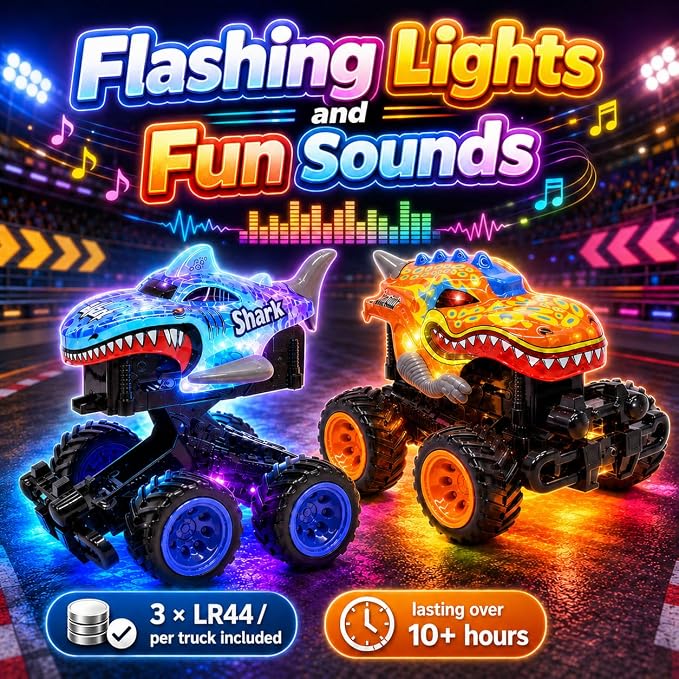 2 Exploding Pack Monster Trucks for Boys Age 4-7, Dinosaur and Shark Light Up Push and Go Toy Cars with Music, Friction Powered Birthday Gifts for Kids Ages 3-7