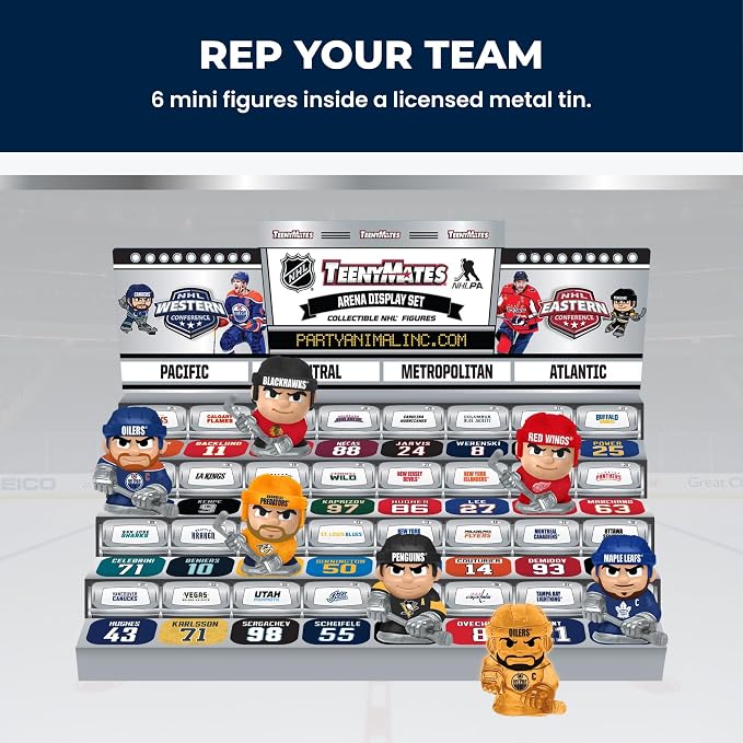TeenyMates NHL Hockey Action Figures Gift Set, 2026 Licensed Collector’s Tin and 3 TeenyMates Packs (6 Figures Total)
