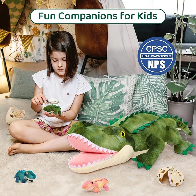 MorisMos Plush Alligator Stuffed Animal with Babies,23.6'' Mommy Stuffed Alligator with 3 Baby Crocodile Animals & 3 Plush Eggs,Lifelike Crocodile Toys for Kid 3-5 Birthday Decor