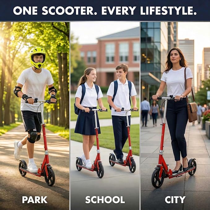 Non-Electric Scooters for Kids 8-12, Teens & Adults - Foldable Commuter Scooter with 8" Wheels, Bell, Hand Brake & Adjustable Height 30"-40.5", 220LB Capacity, Manual Push Scooter for Campus & Park
