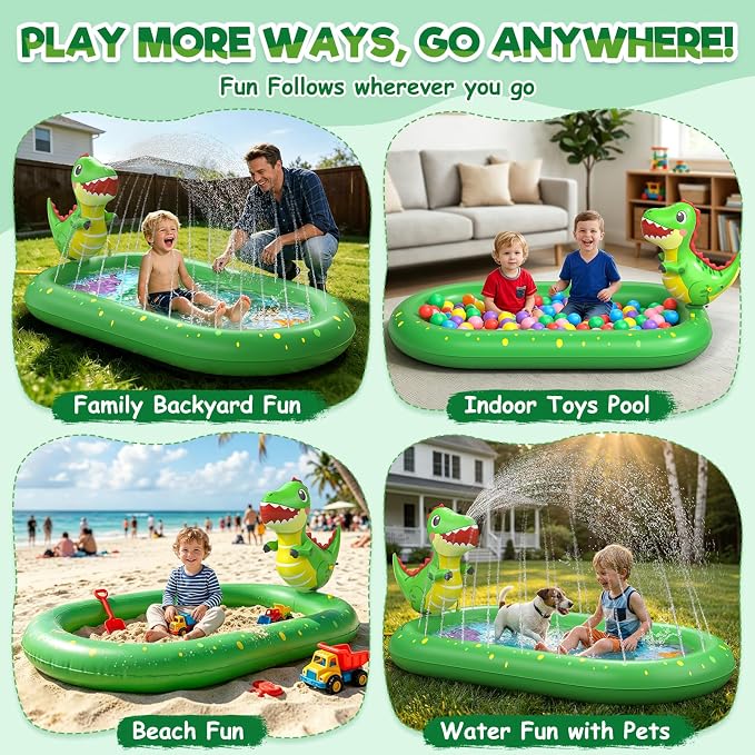 Splash Pad for Toddlers 1-3, Dinosaur Inflatable Sprinkler for Kids, 3-in-1 Baby Splash Pads Outdoor Play Mat, Kids Pool Backyard Summer Water Toys Birthday Gift for 1+ Year Old Girls Boys