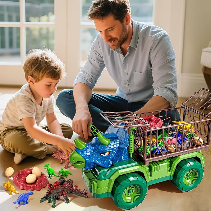 22 in 1 Triceratops Dinosaur Truck Toys for Kids Boys Ages 3-5-7 4-8, Dino Carrier Truck with 18 Jurassic Dino Figures, 3 Dinosaur Eggs, 3 4 5 6 7 8 Year Old Toddler Boy Girl Birthday Gifts