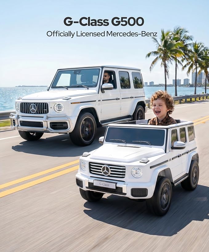 ELEMARA 2 Seater 24v Ride on Toys for Big Kids,Mercedes Benz G-Class G500 Kids Car,Toddler Electric Car w/Remote Control,Electric Vehicle to Drive,Bluetooth,Music& Horn,Low Battery Prompt,White