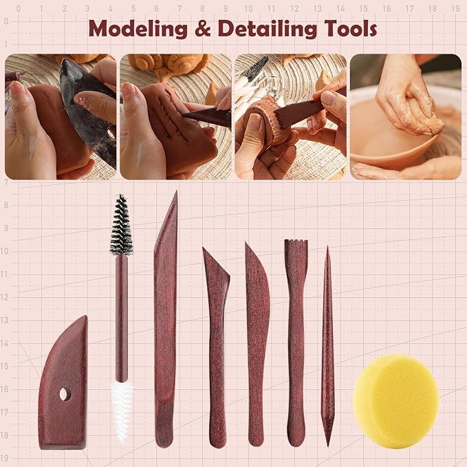 34PCS Clay Tools Sculpting Set, Pottery Tools and Supplies, Ceramic Polymer Tools Kit for Carving, Shaping, Dotting, Molding, Modeling, Pottery Kiln, Pottery Wheel, Air Dry Clay, Crafting Supplies