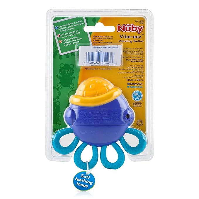 Nuby Vibe-EEZ Vibrating Teether - Battery Powered - Textured Surface and Easy to Grasp Toy for Baby Teething Relief - 3+ Months - Octopus