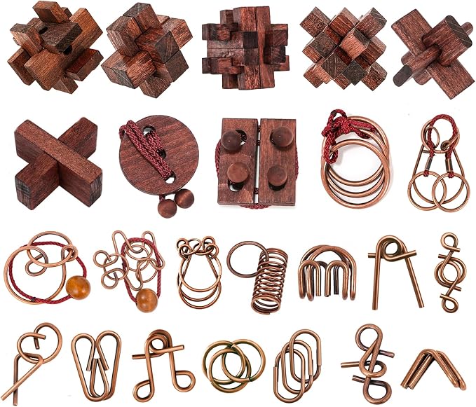 24 Pcs Brain Teaser Puzzles for Adults - Metal & Wooden 3D IQ Test Logic Game, Unlock Interlocking Brain Puzzle Toys for Teens Kids, Smart Educational Desk Toy for Mind Challenges