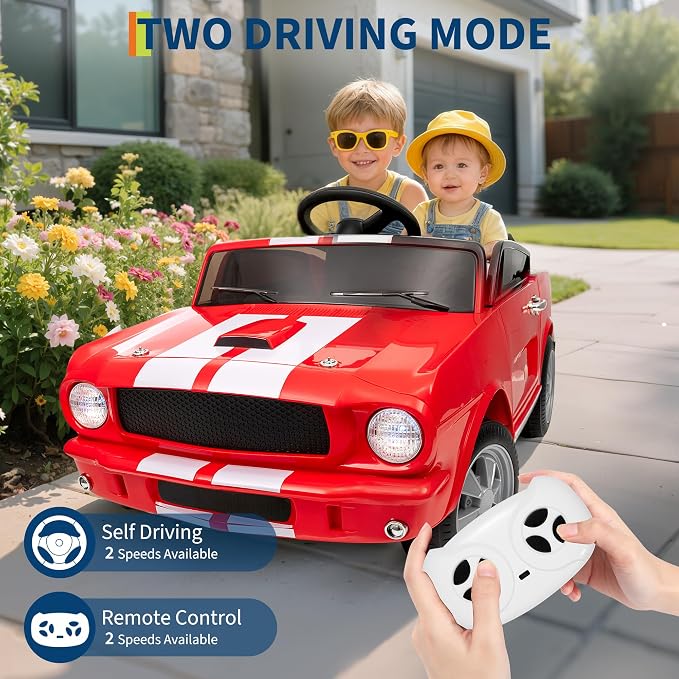 Garvee 24V 2 Seater Ride on Licensed Shelby GT350, Battery Powered Ride on Toys for Kids with Remote Control, Ford Shelby Kids Electric Vehicle 2 Seat, Safety Belt, 2 Speeds, LED Lights, Red