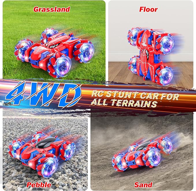 Punieayi Spider Remote Control Car, 2.4Ghz RC Cars with Headlight Double Sided Off-Road 360° Rotating Rechargeable 4WD RC Stunt Car Indoor Outdoor Spider Toys for Boys 4-6 5-7 8-13