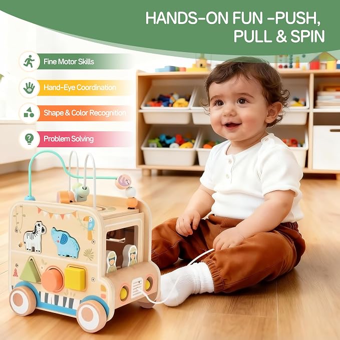 Pithfor Wooden Pull Along Activity Cube Toys, Montessori Toys for 1 2 3 Year Old Baby Toddlers, Baby Activity Cube for 1 Year Old, 1st First Birthday Gift
