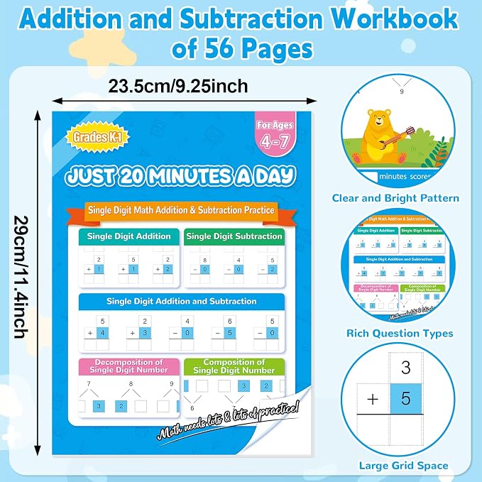 Addition and Subtraction Practice Worksheets Single Digit Math Problem Workbook for Pre-Kindergarten, Kindergarten, and 1st Grade Students for Ages 3-7, 56 Pages Front and Back, 5 Question Types