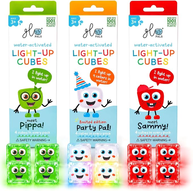 Glo Pals Water-Activated Light-Up Sensory Bath Toy Cubes for Bathtime and Sensory Play, Vibrant Light-Up Colored Cubes for Kids and Toddlers, Glows Green, Red, and Multi-Color, Pack of 12